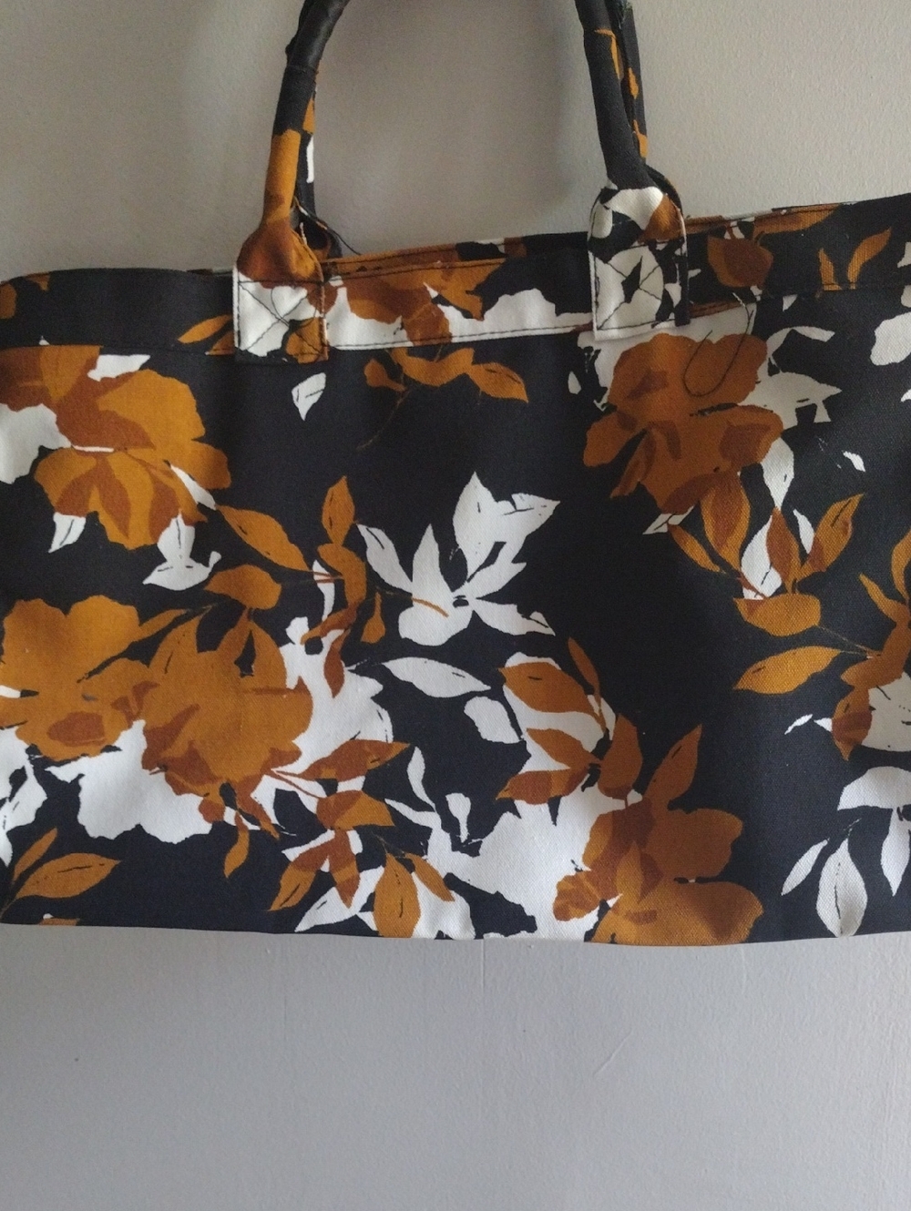 Floral Canvas Tote Bag in Black, White & Mustard.Comes with Matching Make Up Bag